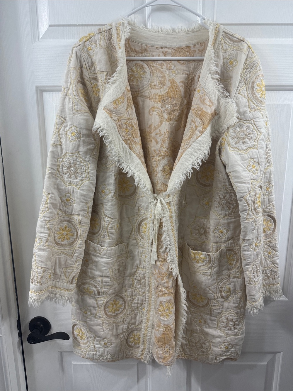 J. Jill Cream and Yellow Quilted Fringe Tie-Front Coat